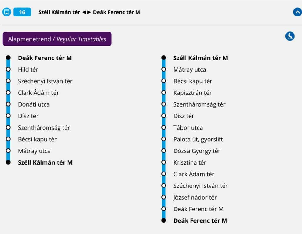 A map of the #16 bus in Budapest to go to Buda castle from city center